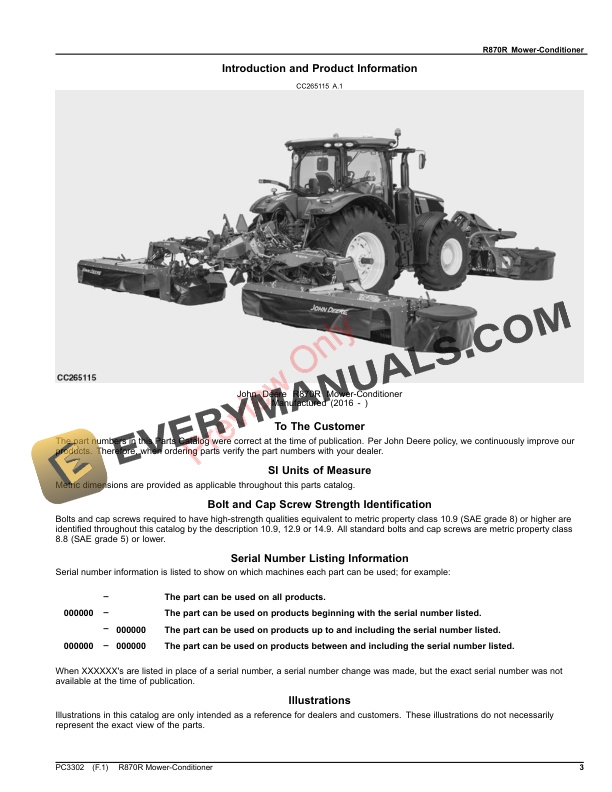 John Deere R870R Mower Conditioner Parts Catalog PC3302 10MAY23-3