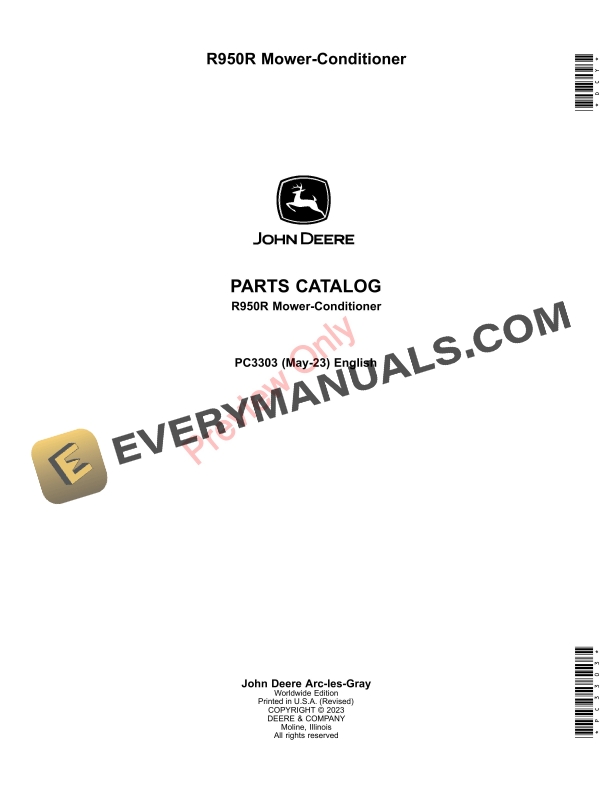John Deere R950R Mower Conditioner Parts Catalog PC3303 10MAY23-1
