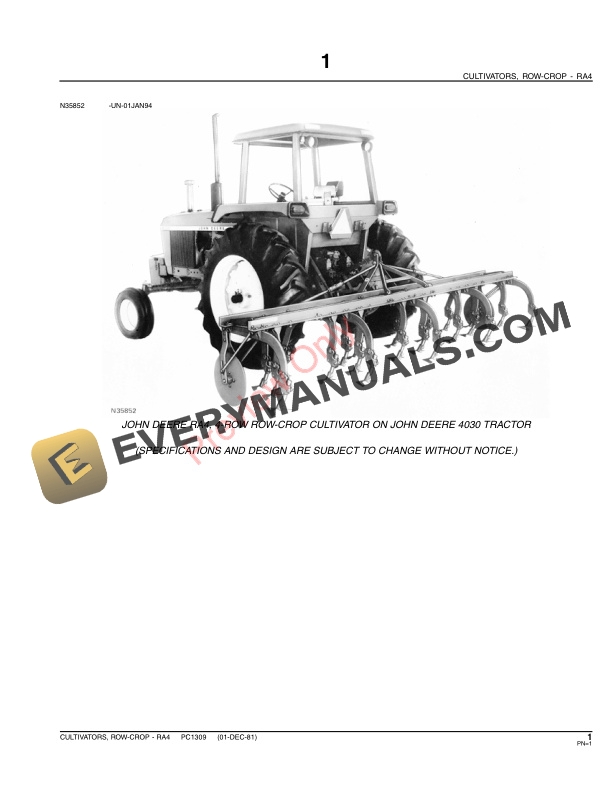 John Deere RA4 Row-Crop Cultivator Parts Catalog PC1309 20NOV06-3