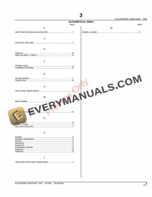 John Deere RA4 Row-Crop Cultivator Parts Catalog PC1309 20NOV06-5