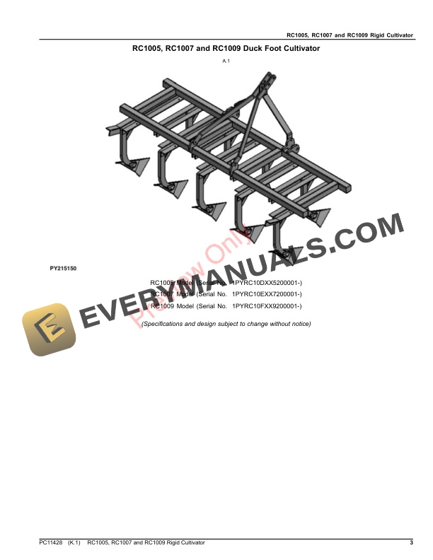 John Deere RC1005, RC1007 and RC1009 Rigid Cultivator Parts Catalog PC11428 24AUG23 4 John Deere RC1005 RC1007 and RC1009 Rigid Cultivator Parts Catalog PC11428 24AUG23 3