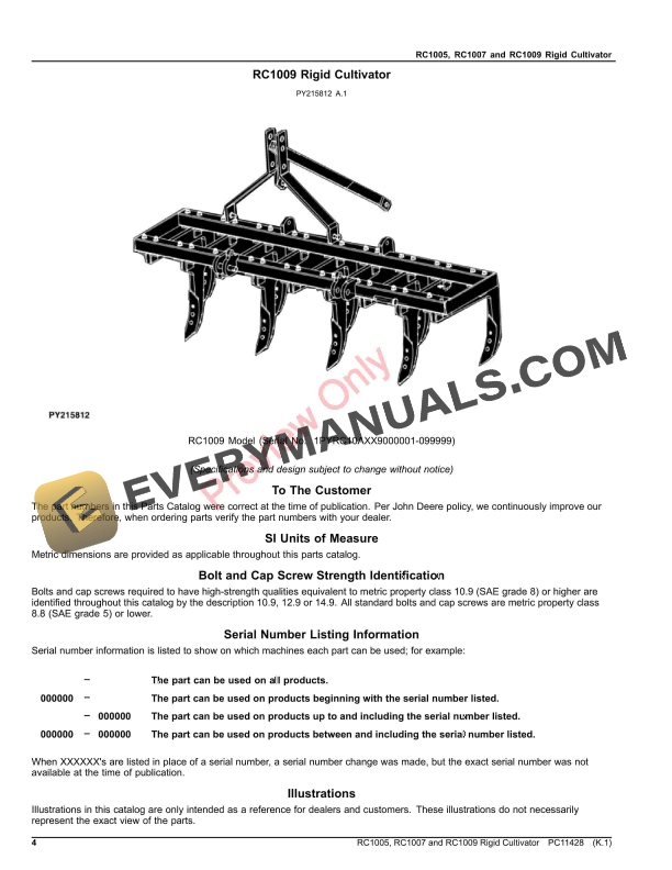 John Deere RC1005, RC1007 and RC1009 Rigid Cultivator Parts Catalog PC11428 24AUG23 5 John Deere RC1005 RC1007 and RC1009 Rigid Cultivator Parts Catalog PC11428 24AUG23 4