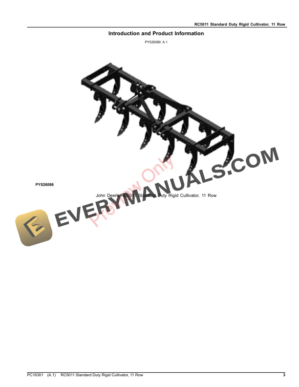 John Deere RC5011 Standard Duty Rigid Cultivator, 11 Row Parts Catalog PC16301 22SEP22-3