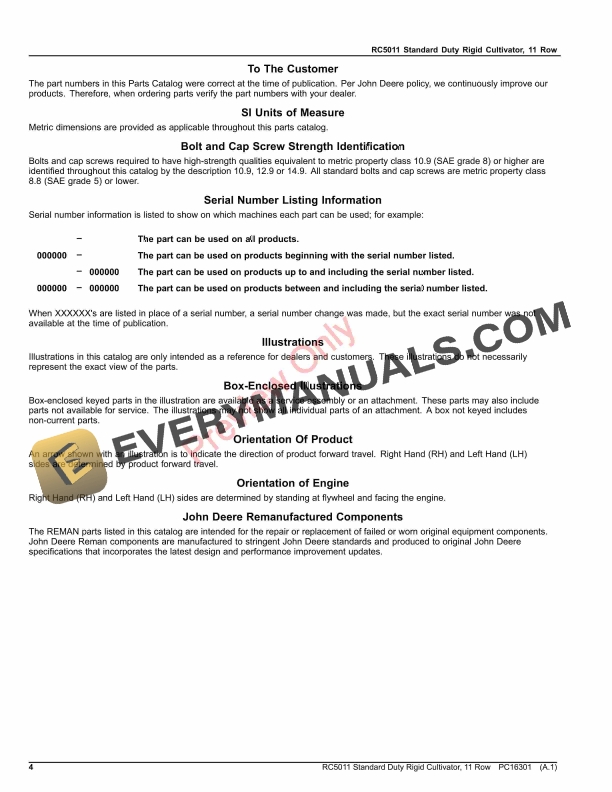 John Deere RC5011 Standard Duty Rigid Cultivator, 11 Row Parts Catalog PC16301 22SEP22-4
