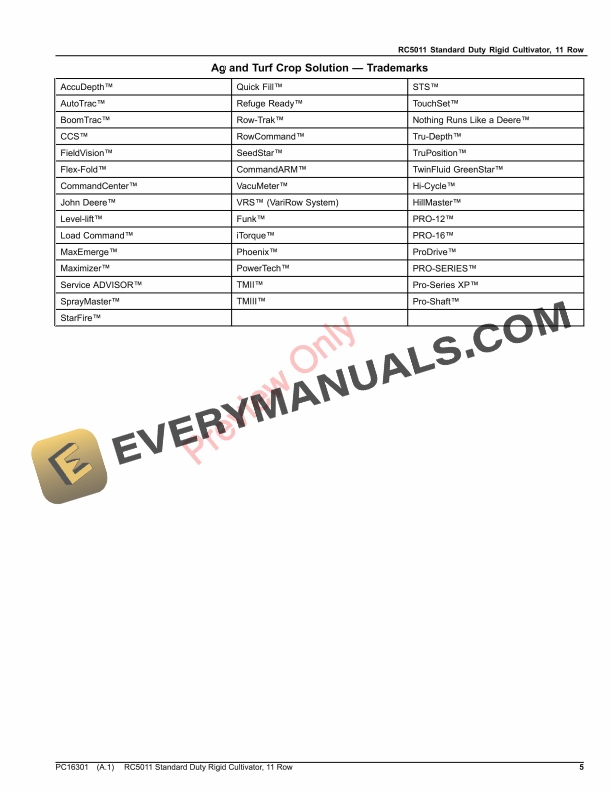 John Deere RC5011 Standard Duty Rigid Cultivator, 11 Row Parts Catalog PC16301 22SEP22-5