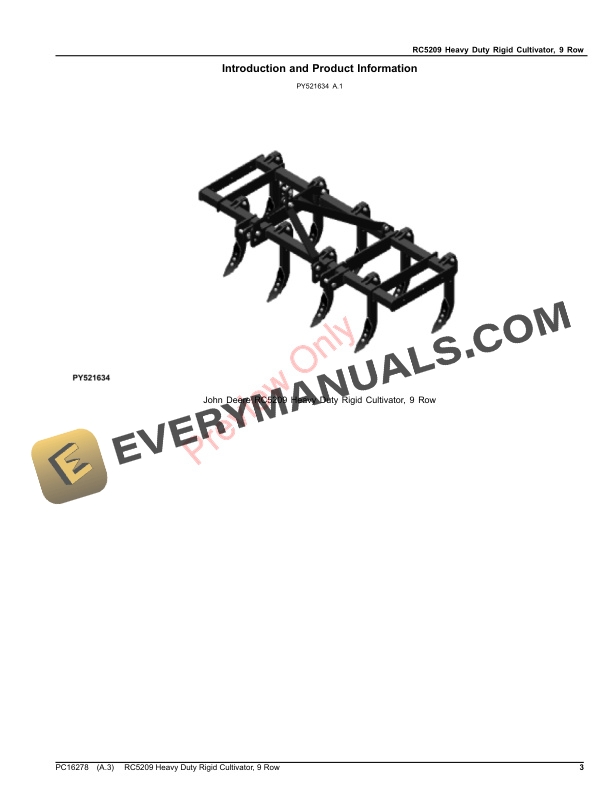 John Deere RC5209 Heavy Duty Rigid Cultivator, 9 Row Parts Catalog PC16278 11MAR22-3
