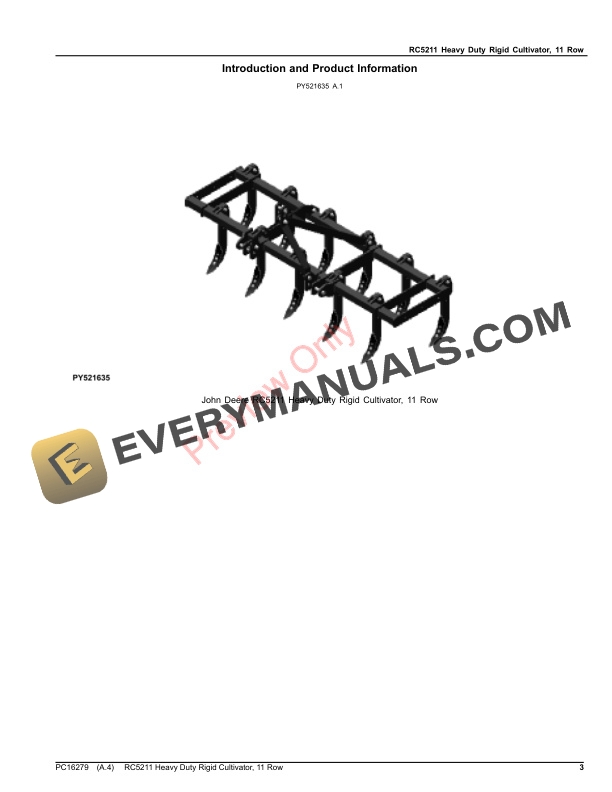 John Deere RC5211 Heavy Duty Rigid Cultivator, 11 Row Parts Catalog PC16279 06SEP22-3