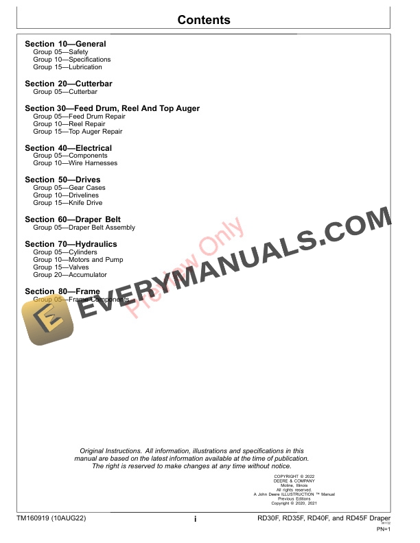 John Deere RD30F RD35F RD40F and RD45F Draper Repair Technical Manual TM160919 10AUG22 3