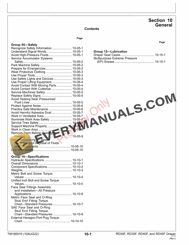 John Deere RD30F RD35F RD40F and RD45F Draper Repair Technical Manual TM160919 10AUG22 5