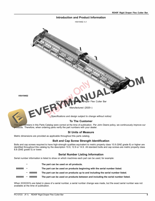 John Deere RD45F Rigid Draper Flex Cutter Bar Parts Catalog PC13723 28OCT23-5