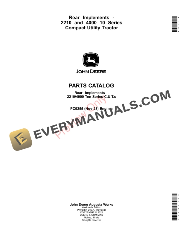 John Deere REAR IMPLEMENTS-22104000 TEN SERIES COMPACT UTILITY TRACTORS Parts Catalog PC9255 19NOV23-1