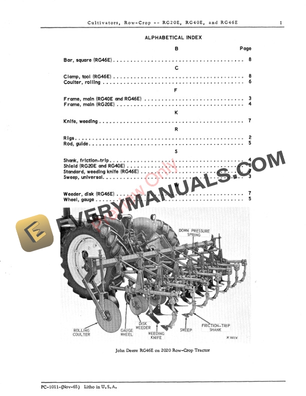 John Deere RG20E RG40E RG46E Row Crop Cultivator Parts Catalog PC1011 01NOV65 3