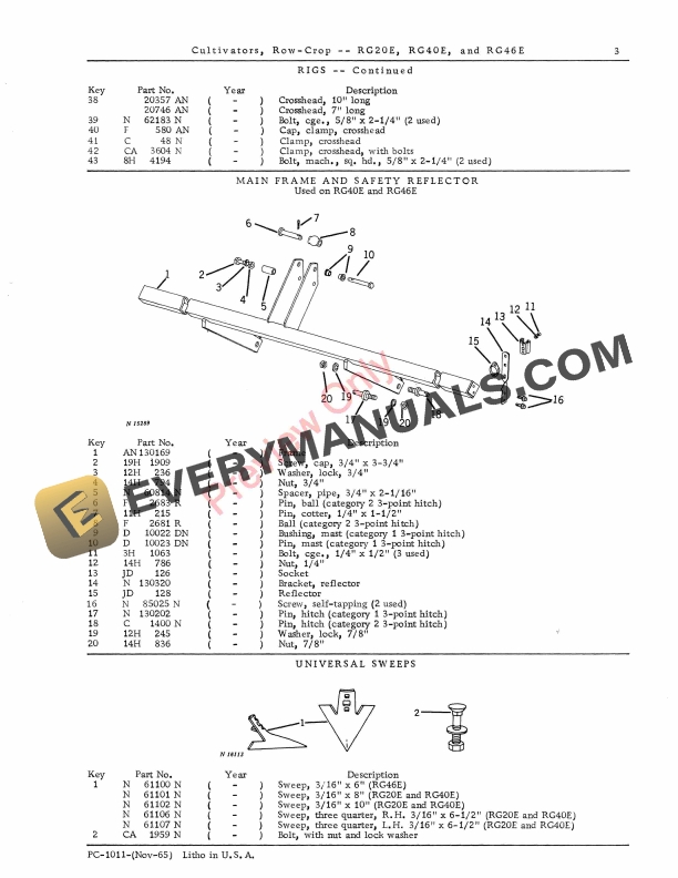 John Deere RG20E RG40E RG46E Row Crop Cultivator Parts Catalog PC1011 01NOV65 5