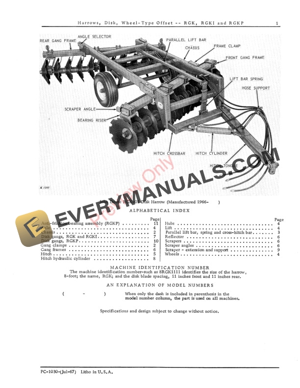 John Deere RGK RGK1 RGKP Offset Wheel Type Disk Harrows Parts Catalog PC1030 01JUL67 3