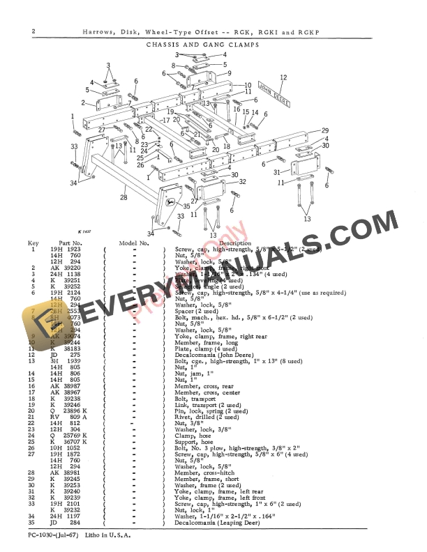 John Deere RGK RGK1 RGKP Offset Wheel Type Disk Harrows Parts Catalog PC1030 01JUL67 4