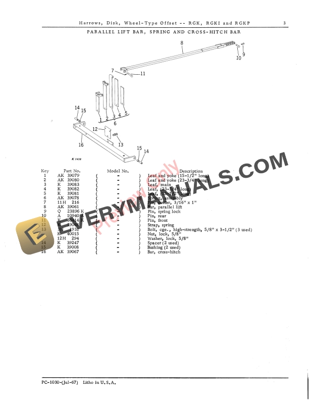 John Deere RGK RGK1 RGKP Offset Wheel Type Disk Harrows Parts Catalog PC1030 01JUL67 5