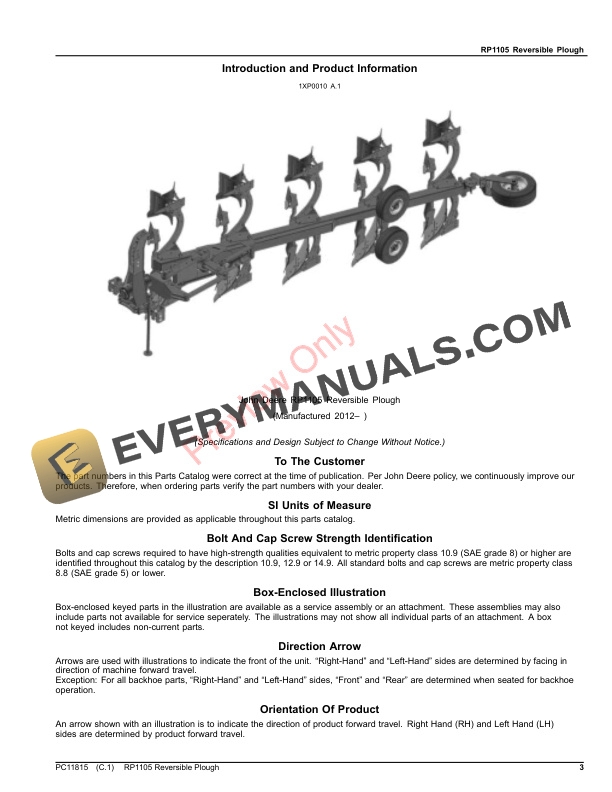John Deere RP1105 Reversible Plough Parts Catalog PC11815 06AUG23 3