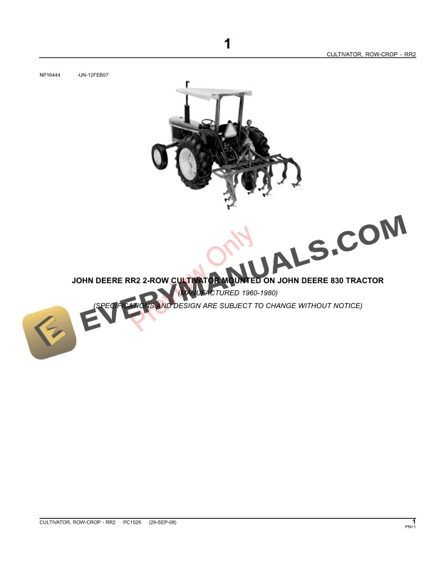 John Deere RR2 Row-Crop Cultivator Parts Catalog PC1526 13MAY11-3