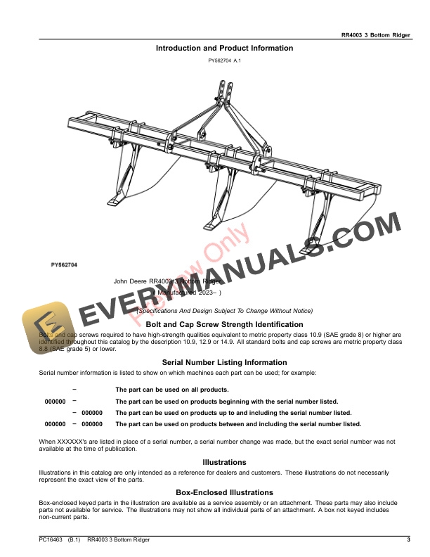 John Deere RR4003 3 Bottom Ridger Parts Catalog PC16463 21MAR23-3