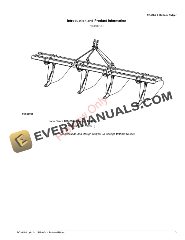 John Deere RR4004 4 Bottom Ridger Parts Catalog PC16464 10MAY23-3