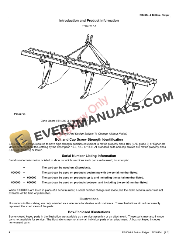 John Deere RR4004 4 Bottom Ridger Parts Catalog PC16464 10MAY23-4