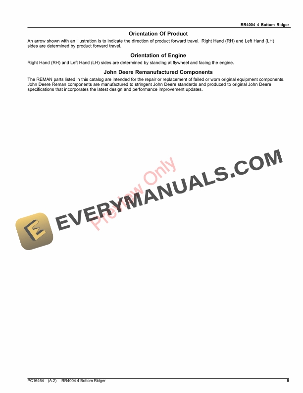 John Deere RR4004 4 Bottom Ridger Parts Catalog PC16464 10MAY23-5