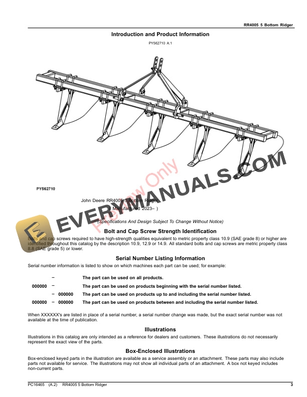 John Deere RR4005 5 Bottom Ridger Parts Catalog PC16465 10MAY23-3