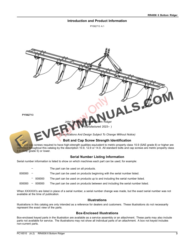 John Deere RR4006 6 Bottom Ridger Parts Catalog PC16510 10APR23-3