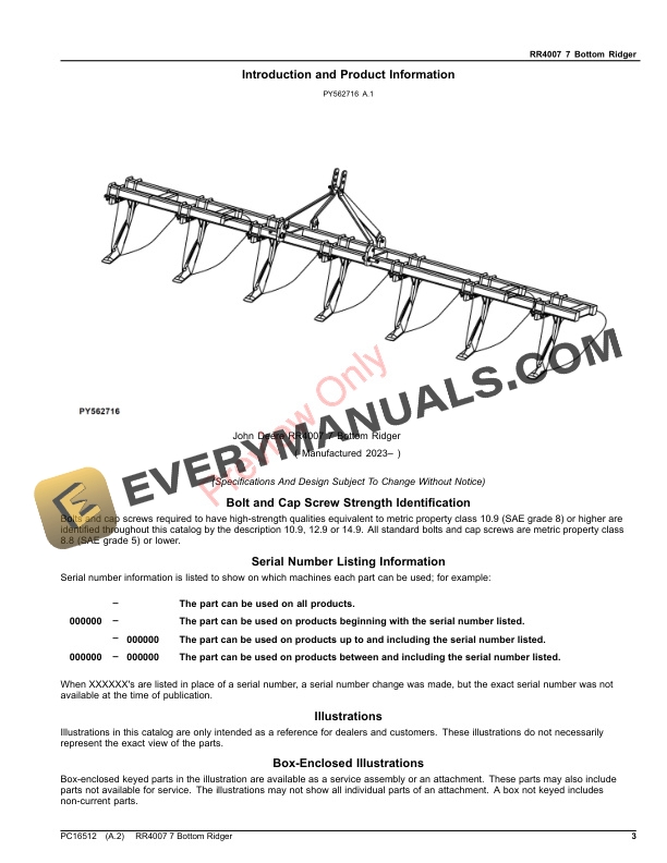 John Deere RR4007 7 Bottom Ridger Parts Catalog PC16512 10APR23-3