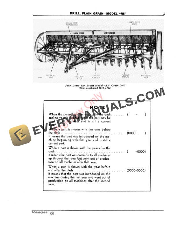 John Deere RS Grain Drill, Plain Parts Catalog PC193 01SEP53-3