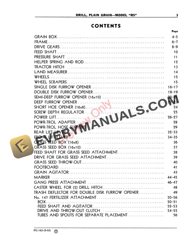 John Deere RS Grain Drill, Plain Parts Catalog PC193 01SEP53-5