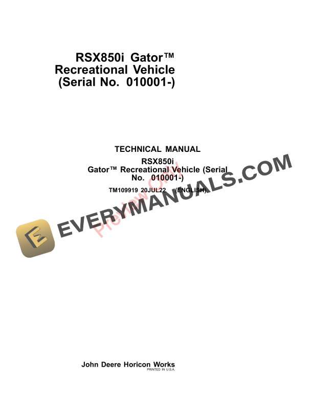 John Deere RSX850i Gator Recreational Vehicle (010001-) Technical Manual TM109919 20JUL22-1