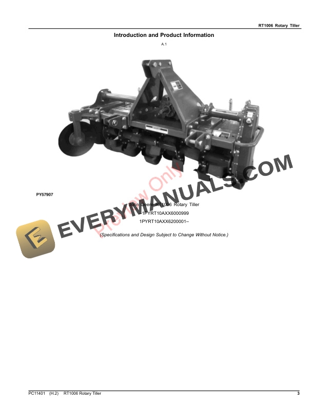 John Deere RT1006 Rotary Tiller Parts Catalog PC11401 06AUG23 3