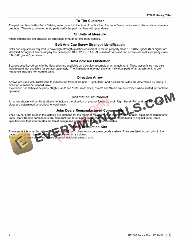 John Deere RT1006 Rotary Tiller Parts Catalog PC11401 06AUG23 4