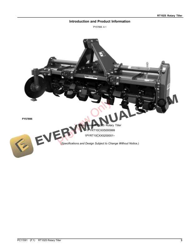 John Deere RT1025 Rotary Tiller Parts Catalog PC11591 06AUG23 3