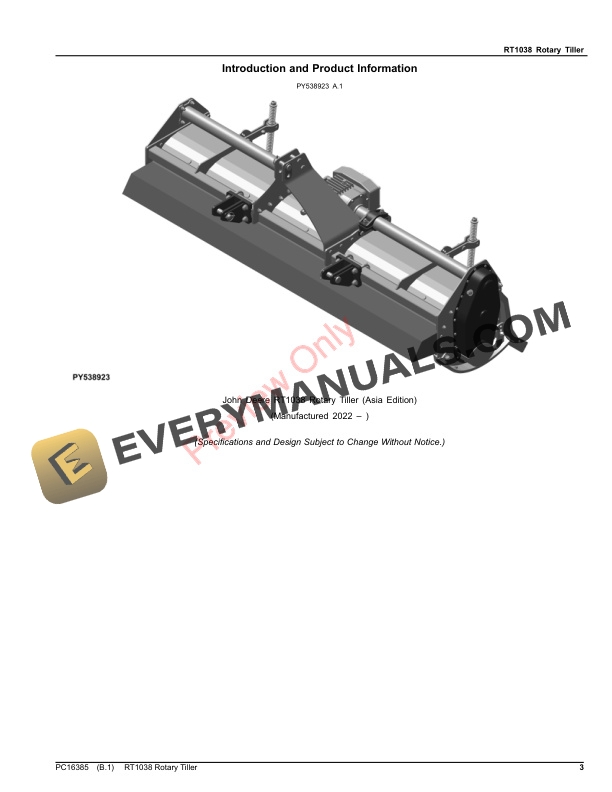 John Deere RT1038 Rotary Tiller, Parts Catalog PC16385 16NOV22-3