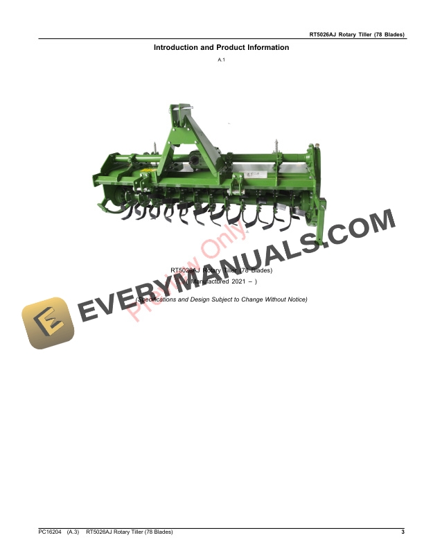 John Deere RT5026AJ Rotary Tiller (78 Blades) Parts Catalog PC16204 23AUG21-3