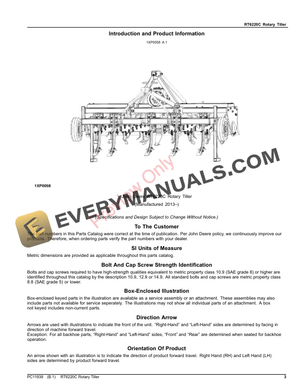 John Deere RT6220C Rotary Tiller Parts Catalog PC11938 06AUG23 3