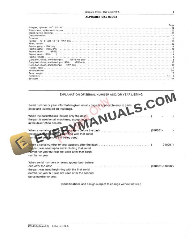 John Deere RW, RWA Disk Harrows Parts Catalog PC452 01MAR70-3