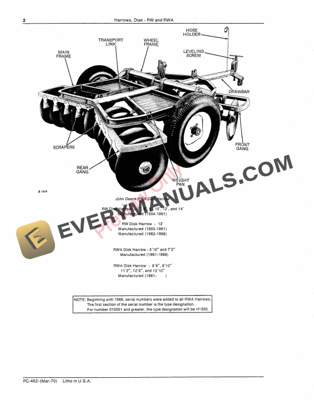 John Deere RW, RWA Disk Harrows Parts Catalog PC452 01MAR70-4