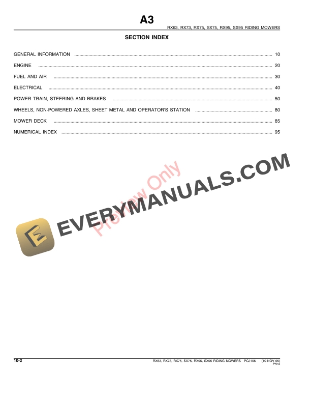 John Deere RX63, RX73, RX75, RX95, SX75, SX95 Riding Mowers Parts Catalog PC2106 10NOV95-4