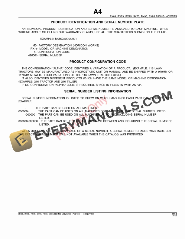 John Deere RX63, RX73, RX75, RX95, SX75, SX95 Riding Mowers Parts Catalog PC2106 10NOV95-5