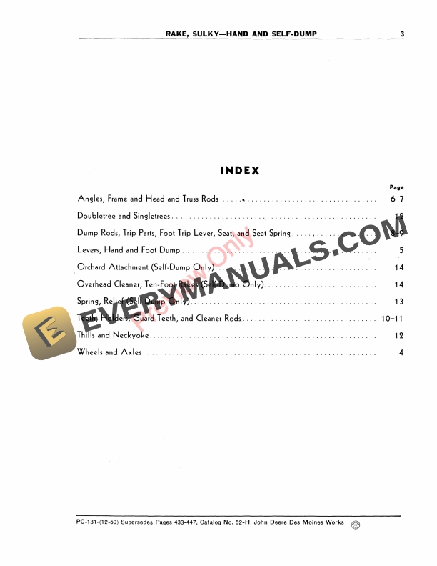 John Deere Rake, Sulky — Hand and Self-Dump Parts Catalog PC131 01FEB57-5