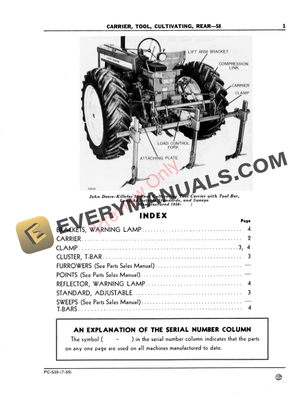 John Deere Rear Cultivating Tool Carrier – 58 Parts Catalog PC539 01JUL59-3