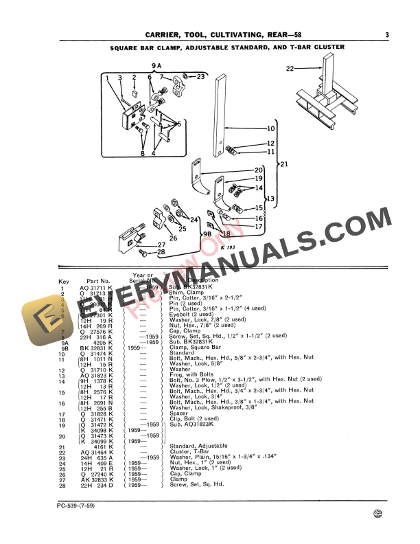 John Deere Rear Cultivating Tool Carrier – 58 Parts Catalog PC539 01JUL59-5