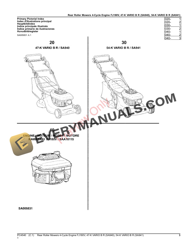 John Deere Rear Roller Mowers 4-Cycle Engine FJ180V, 47 Parts Catalog PC4540 21MAR23 4 John Deere Rear Roller Mowers 4-Cycle Engine FJ180V, 47 Parts Catalog PC4540 21MAR23-3