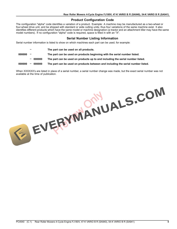 John Deere Rear Roller Mowers 4-Cycle Engine FJ180V, 47 Parts Catalog PC4540 21MAR23 6 John Deere Rear Roller Mowers 4-Cycle Engine FJ180V, 47 Parts Catalog PC4540 21MAR23-5