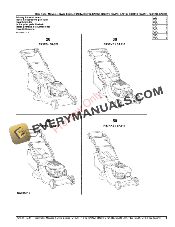 John Deere Rear Roller Mowers 4-Cycle Engine FJ180V, R43RS (SA922), R43RVE (SA816, SA916), R47RKB (SA817), R Parts Catalog PC4517 31JAN23-3