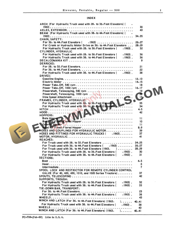 John Deere Regular Portable Elevator – 300 Parts Catalog PC739 01FEB69-3