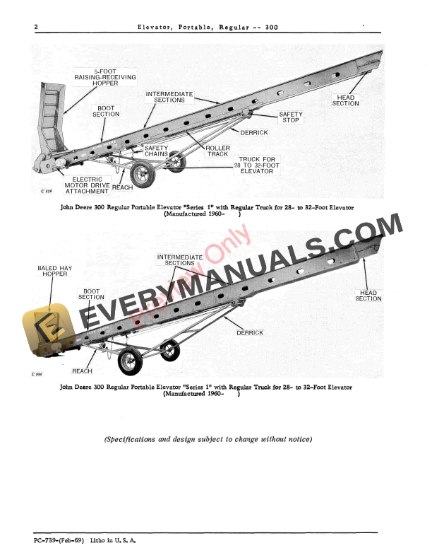 John Deere Regular Portable Elevator – 300 Parts Catalog PC739 01FEB69-4
